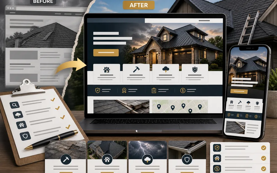 Roofing website rebuild sample with storm damage and estimate paths