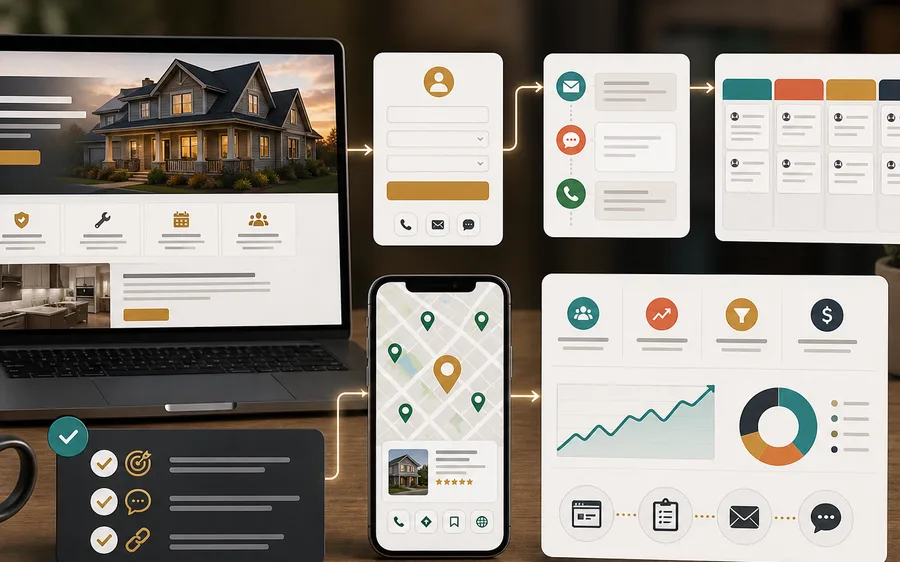 Website, lead form, CRM, and follow-up panels for local marketing