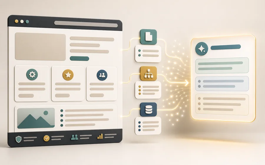 Structured website content flowing into an AI search answer panel