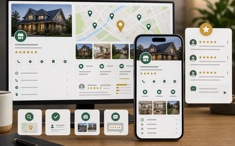 Local business profile shown on phone and desktop map panels
