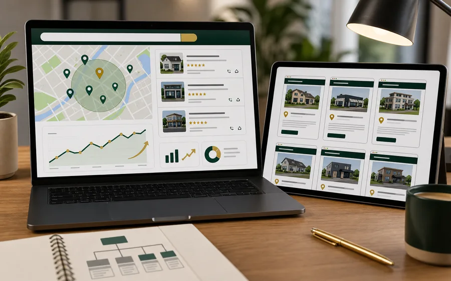 Local search dashboard with map pins and service page cards
