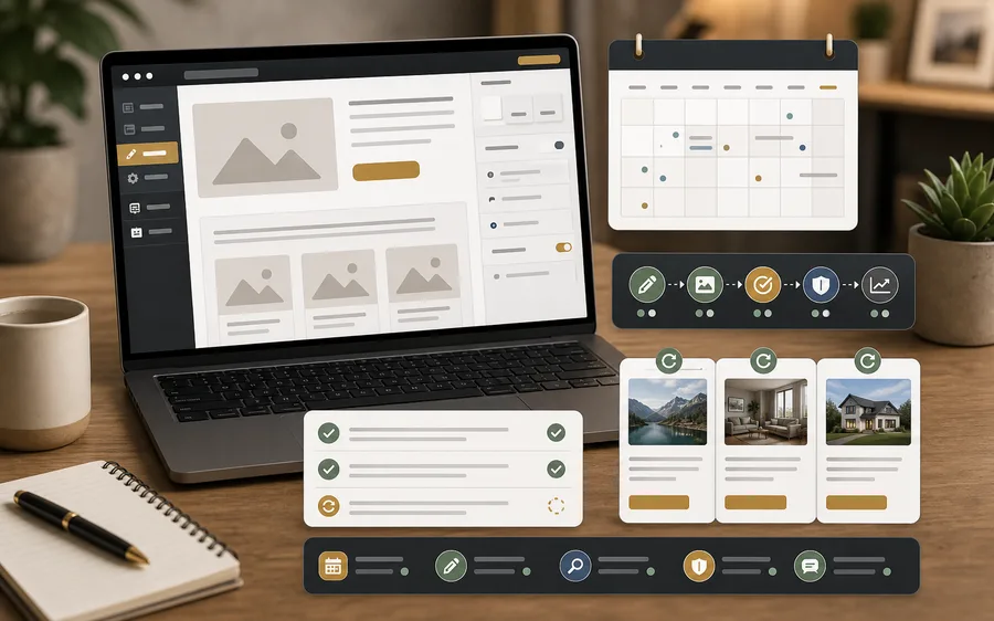 Website editor, content cards, and calendar for ongoing site updates